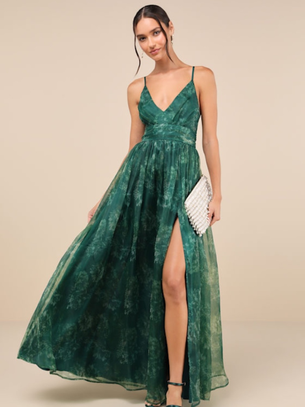 Lulus Romance That Wows Green Floral Print Organza Maxi Dress - Size S - Picture 1 of 1